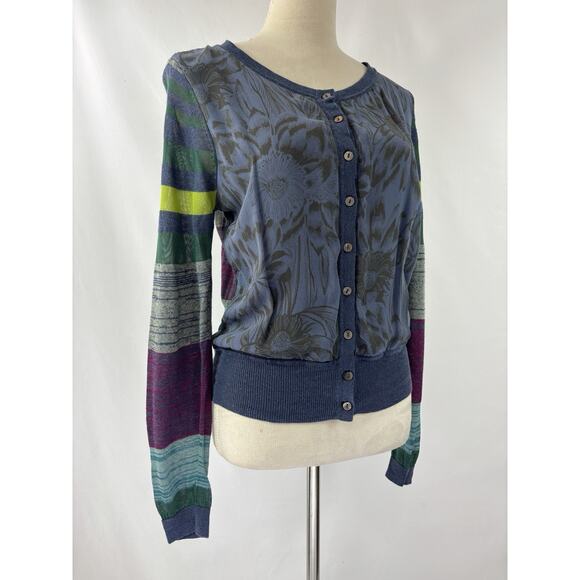 Sundance Multi Media Cardigan Blue Purple Stripe Floral Medium Linen Silk - Picture 11 of 11